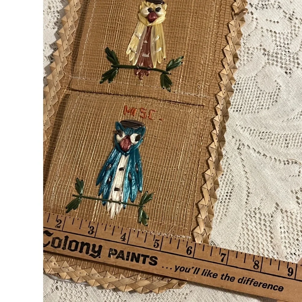 Vintage Woven Straw Owl Mail Organizer Wall Hanging 3 Pocket Raffia Boho 70s